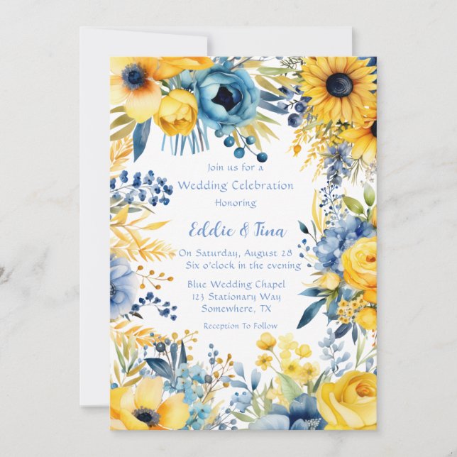 Invitation Mariage bleu Aquarelle Jaune (Devant)