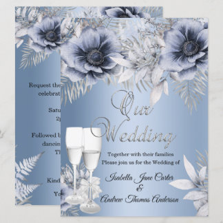 Invitation Mariage Bleu Argent Bouquet Floral Champagne