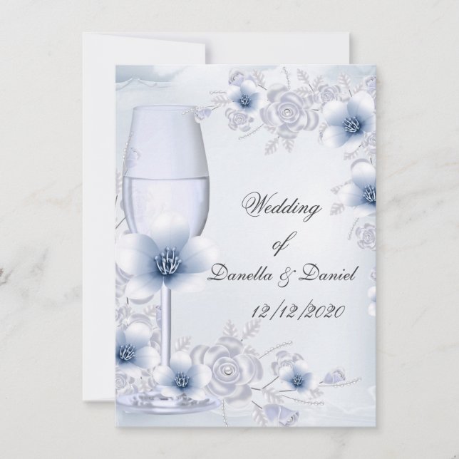 Invitation Mariage Bleu Argent roses floraison (Devant)