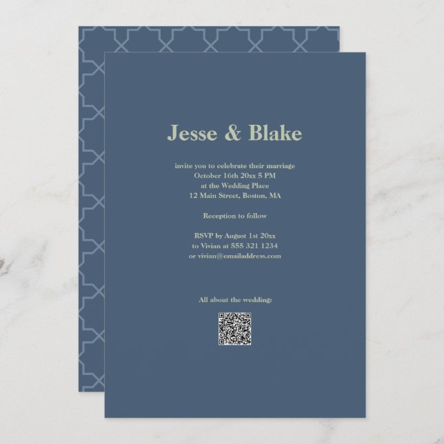 Invitation Mariage bleu avec Motif en lattes (Devant / Derrière)