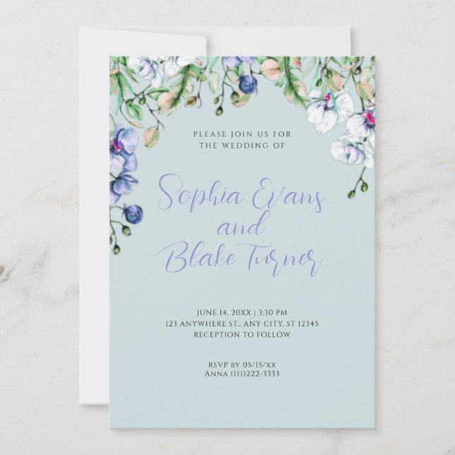 Invitation Mariage bleu, blanc et vert Floral moderne (Devant)