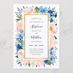 Invitation Mariage bleu bleu rose floral or