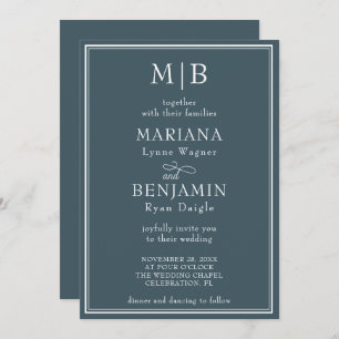 Invitation Mariage bleu Boho minimaliste à bordure linéaire m