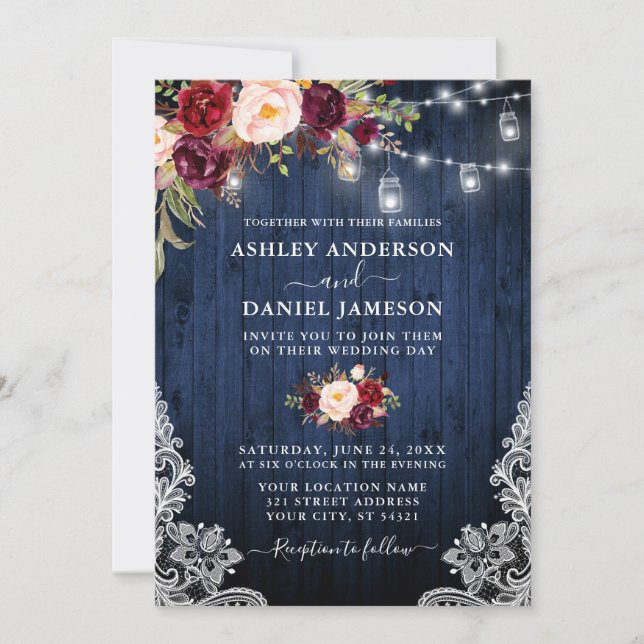 Invitation Mariage Bleu Bois Bourgogne Floral Jar Lumières De (Devant)