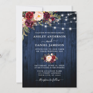 Invitation Mariage Bleu Bois Bourgogne Floral Lumières à cord