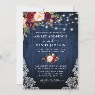 Invitation Mariage Bleu Bois Bourgogne Lumières Florales Dent