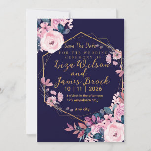 Invitation Mariage bleu Bourgogne Navy Or Rose Blush Rose