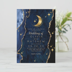 Invitation Mariage bleu céleste de minuit étoiles Lune