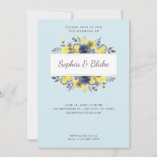 Invitation Mariage bleu clair à cadre fleuri jaune et bleu