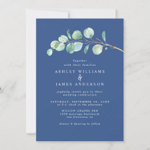Invitation Mariage bleu classique simple Eucalyptus Foliage