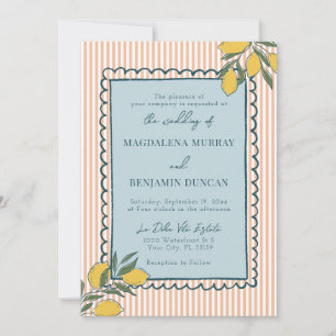 Invitation Mariage bleu côtier à rayures pêche citron italien