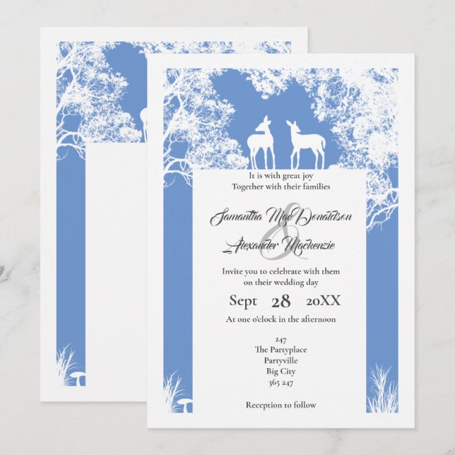 Invitation Mariage bleu coupé en faux papier Woodland (Devant / Derrière)