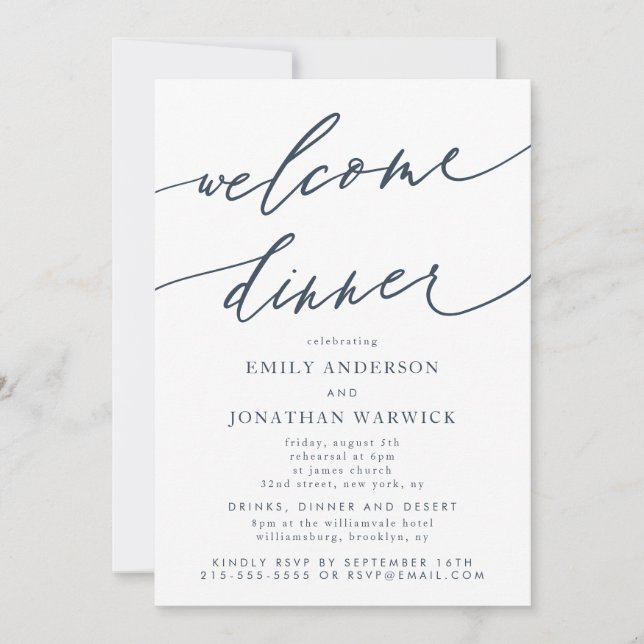 Invitation Mariage Bleu de la Marine Blanche Dîner de bienven (Devant)