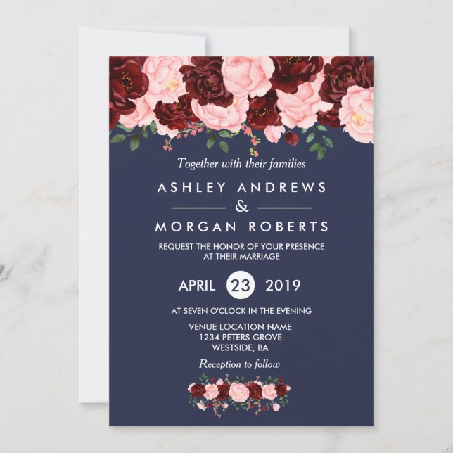 Invitation Mariage bleu de la marine de Bourgogne rose (Devant)