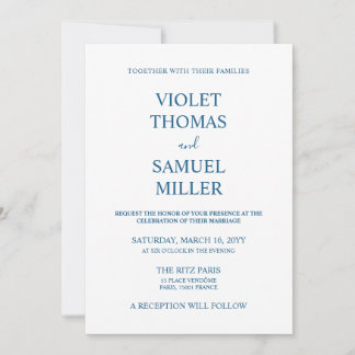 Invitation Mariage bleu de luxe minimaliste