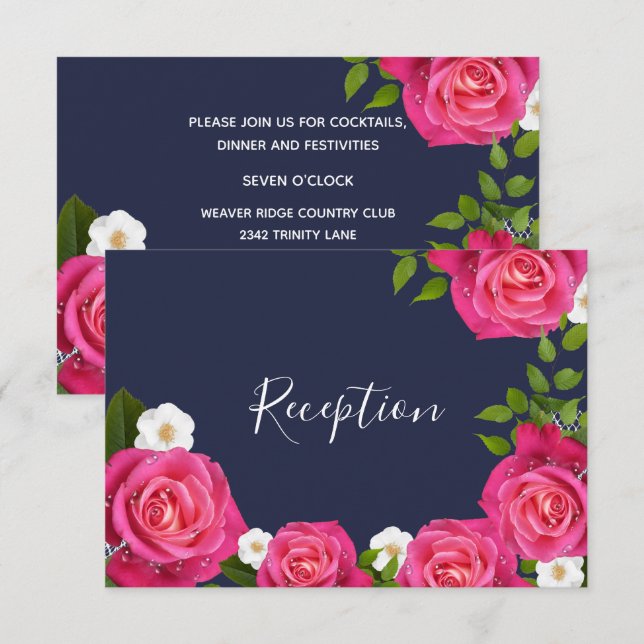 Invitation Mariage Bleu de Minuit et Rose Pink - Réception (Devant / Derrière)