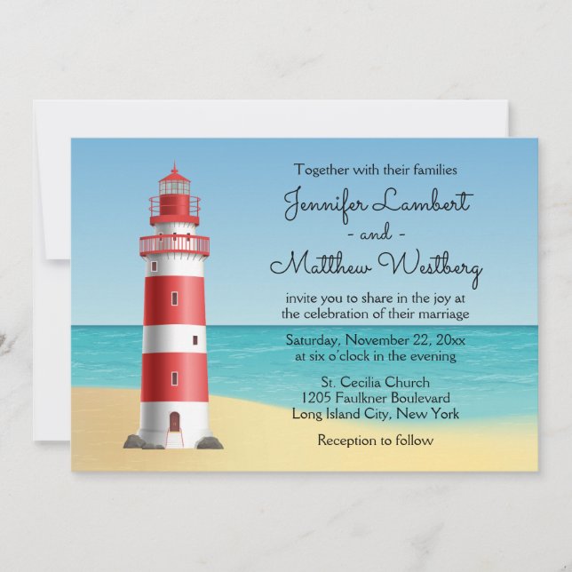 Invitation Mariage bleu de plage phare nautique (Devant)