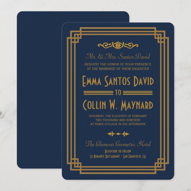 Invitation Mariage bleu déco simple invite (Devant / Derrière)