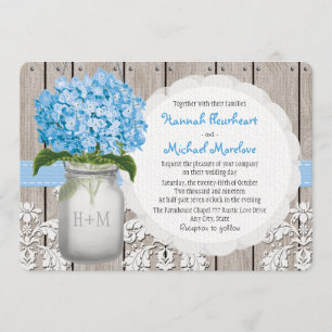 Invitation Mariage bleu décoré d'un monogramme d'hortensia de