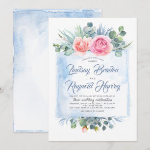 Invitation Mariage bleu Dusty   Bleu ardoise et rose pâle