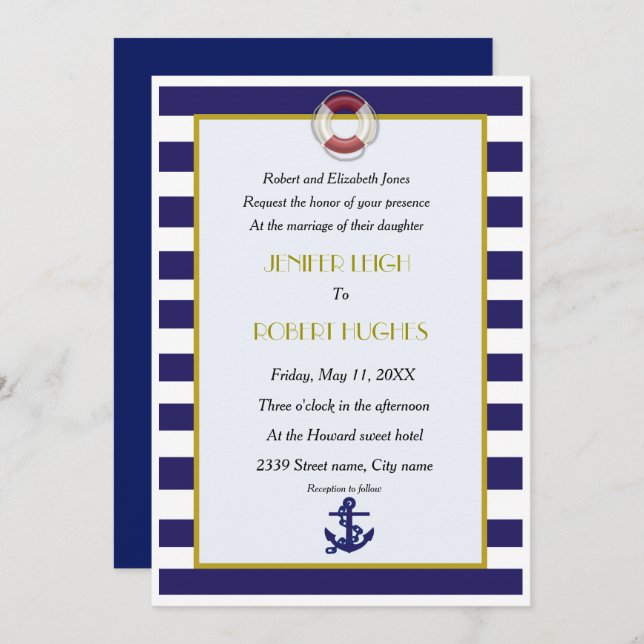 Invitation Mariage bleu et blanc marine (Devant / Derrière)