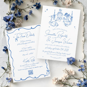Invitation Mariage Bleu et blanc pour gribouillis à main rétr