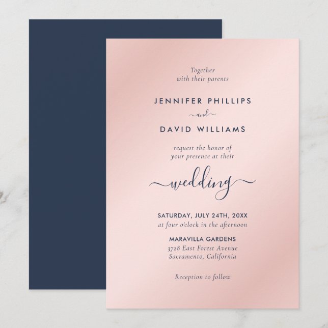 Invitation Mariage bleu et bleu marine moderne (Devant / Derrière)
