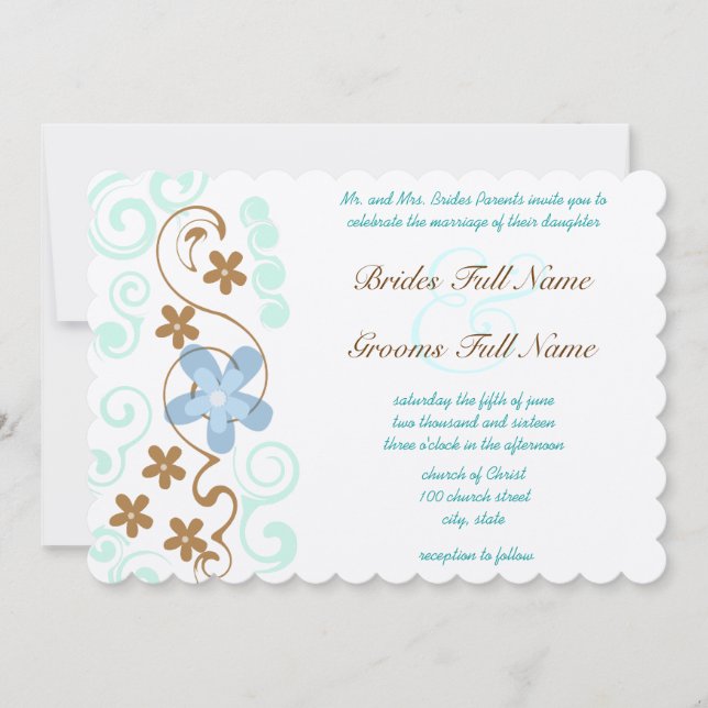 Invitation Mariage bleu et Brown Fleurs à crémaillère (Devant)