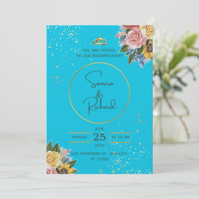 Invitation Mariage bleu et floral (Debout devant)