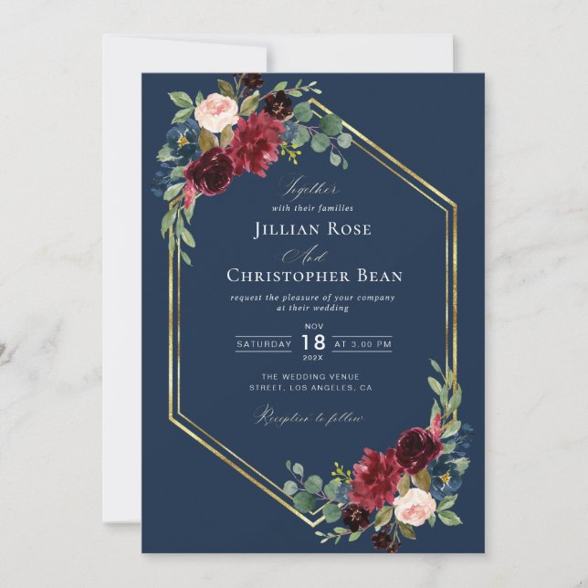 Invitation mariage bleu et or de la marine bordeaux géométriq (Devant)