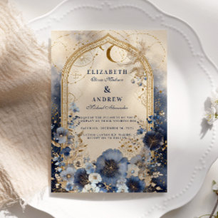 Invitation Mariage bleu et or de minuit céleste