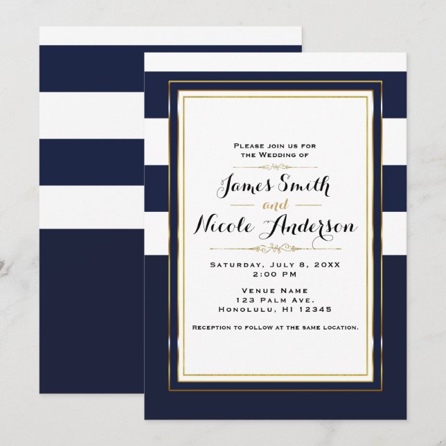 Invitation Mariage Bleu et Or Élégant Moderne Classique (Devant / Derrière)