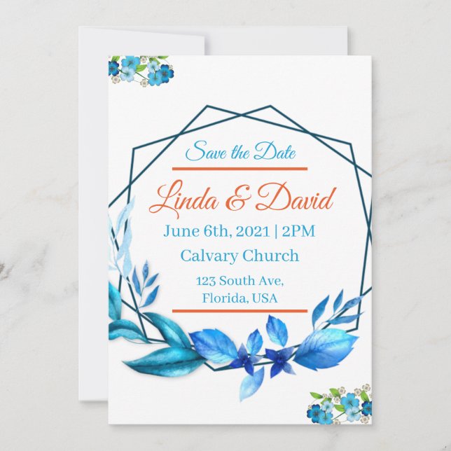 Invitation Mariage bleu et orange Enregistrer la date (Devant)