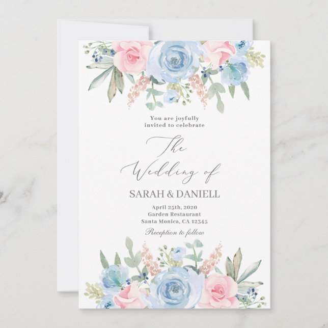 Invitation Mariage bleu et rose (Devant)