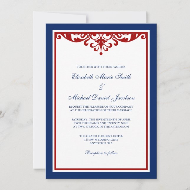 Invitation Mariage bleu et rouge marine (Devant)