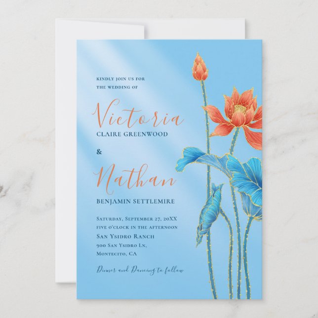 Invitation Mariage Bleu Fleur Orange élégant (Devant)
