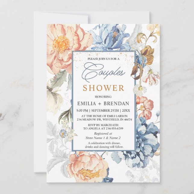 Invitation Mariage bleu floral brun (Devant)