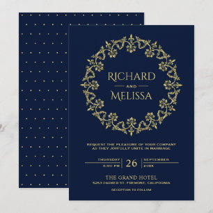 Invitation Mariage bleu floral d'or fleuri vintage de