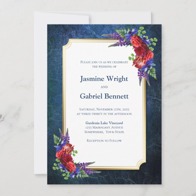 Invitation Mariage bleu Floral rouge (Devant)