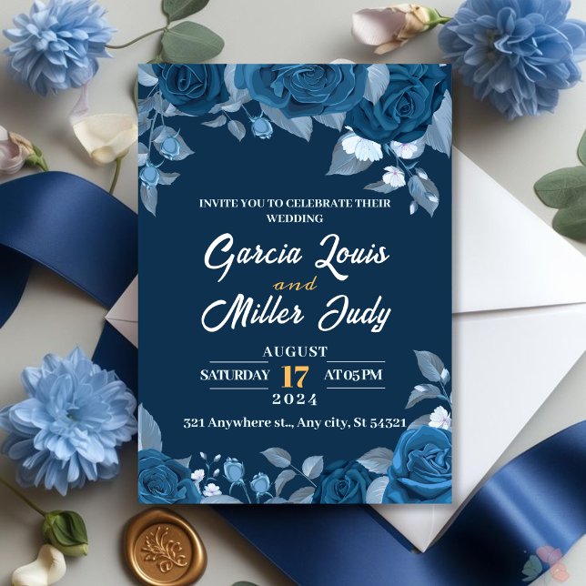 Invitation Mariage bleu foncé avec élégants roses bleus (Créateur téléchargé)