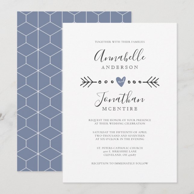 Invitation Mariage bleu foncé et flèches de géométrie simple (Devant / Derrière)