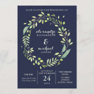 Invitation Mariage bleu-foncé feuillu de guirlande