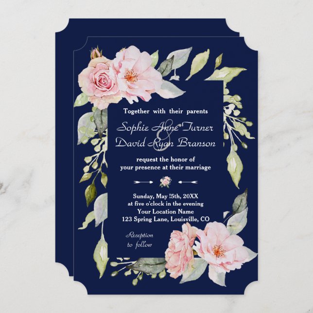 Invitation Mariage bleu marine à fleurs rose pâle (Devant / Derrière)