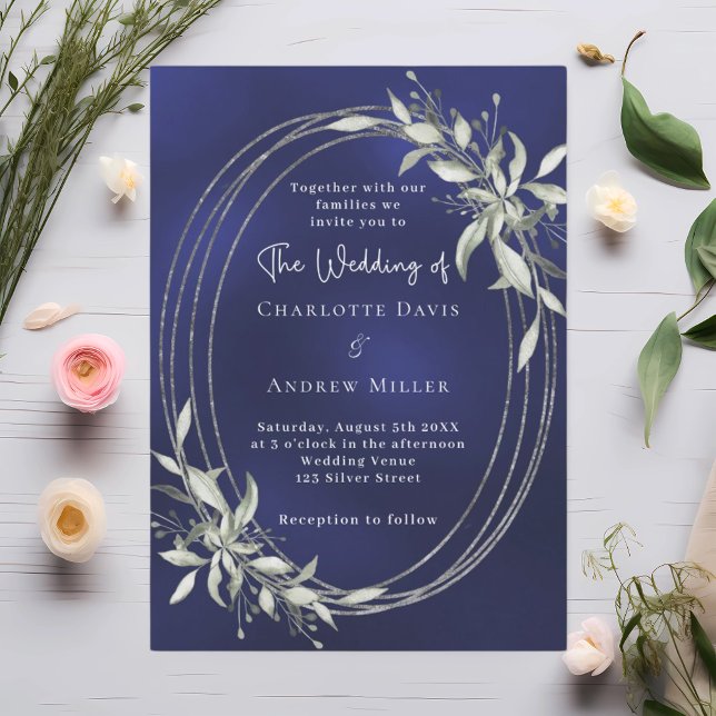Invitation Mariage bleu marine argent vert (Créateur téléchargé)