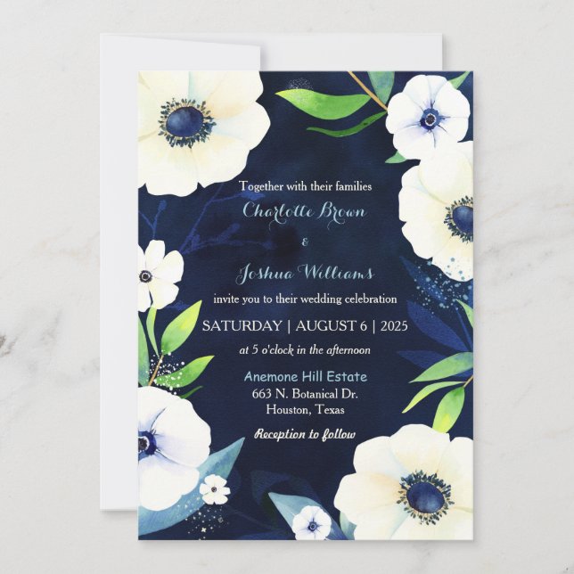 Invitation Mariage bleu marine blanc Anemones (Devant)