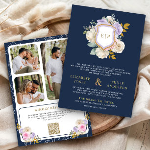 Invitation Mariage bleu marine crête code QR floral violet