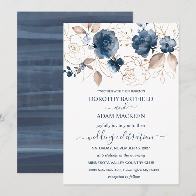 Invitation Mariage bleu marine et or floral (Devant / Derrière)