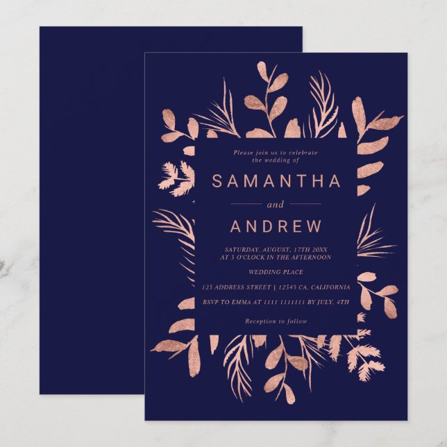 Invitation Mariage bleu marine marine rose moderne feuille d' (Devant / Derrière)