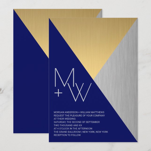 Invitation Mariage bleu marine Métaux mixtes modernes Géométr (Devant / Derrière)