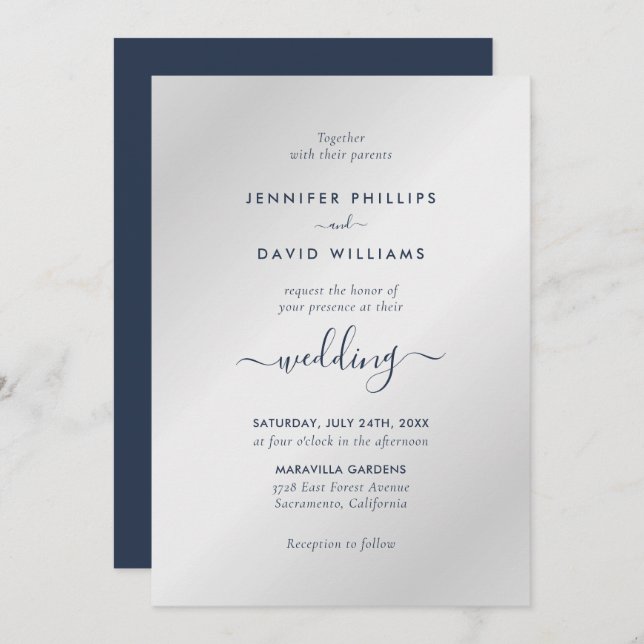 Invitation Mariage bleu marine moderne et argent (Devant / Derrière)